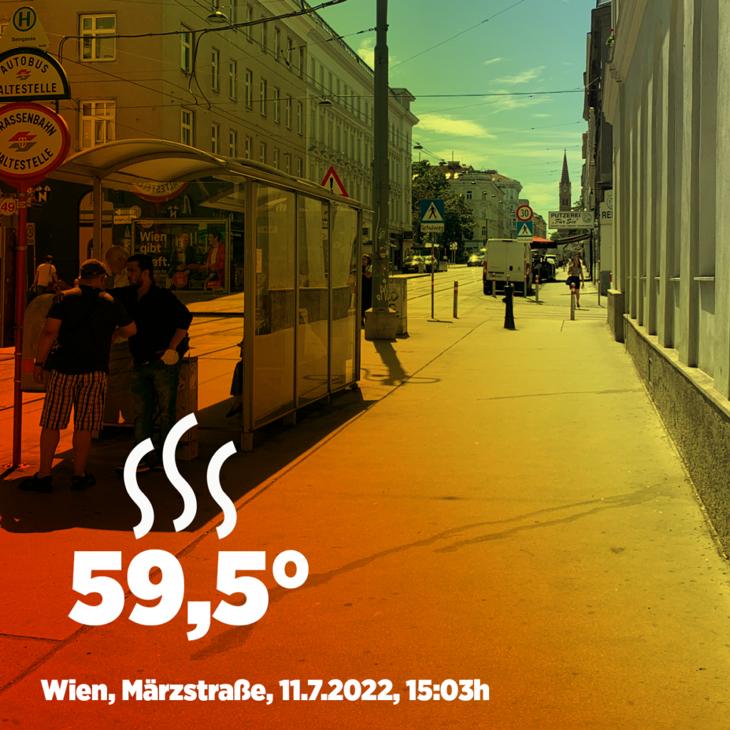 Grafik mit einem Foto der Märzstraße im 15. Bezirk mit dem Text "59,5 Grad"
