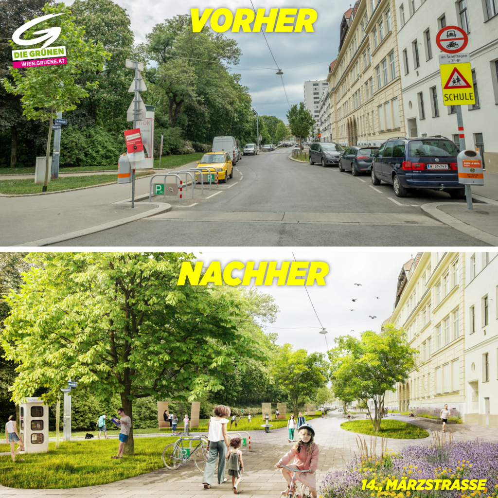 Zweigeteilte Grafik: oben ein Foto der Märzstraße mit vielen parkenden Autos und unten eine Visualisierung, wie sie nach einer Verkehrsberuhigung und Begrünung aussehen könnte