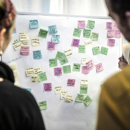 Foto von vielen Post-Its die auf einer Wand kleben und von drei Menschen betrachtet werden