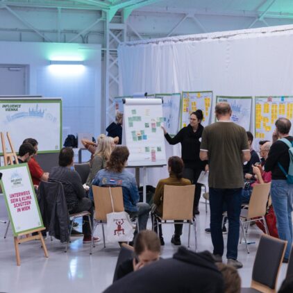 Foto einer Gruppe beim Diskutieren bei Influence Vienna