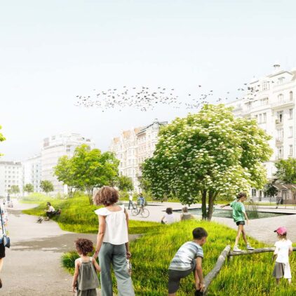 Visualisierung wie der begrünte Naschmarkt Parkplatz aussehen könnte, mit Bäumen und Staudenbeeten