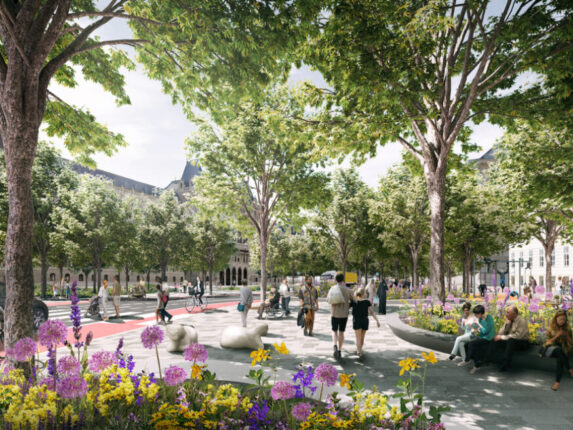 Visualisierung die zeigt, wie ein begr&uuml;nter Florianipark aussehen k&ouml;nnte, mit vielen B&auml;umen und Blumenbeeten