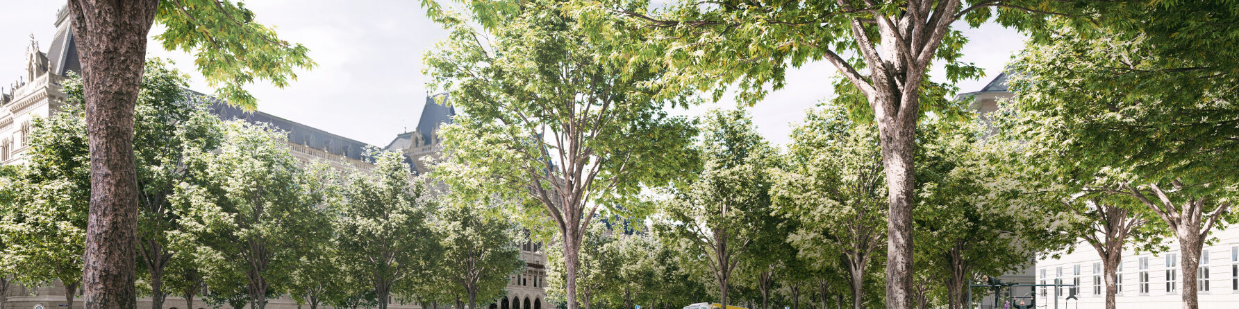 Visualisierung wie ein begrünter Florianipark aussehen könnte, mit vielen Bäumen und Blumenbeeten
