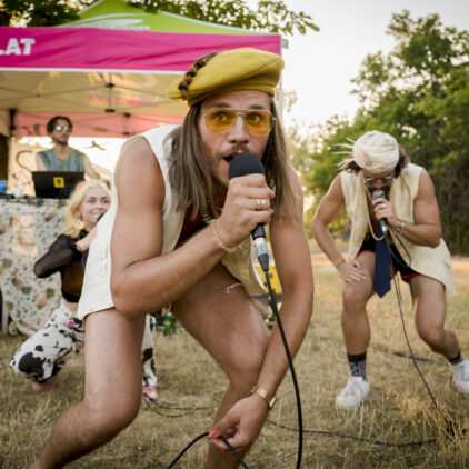Foto eines Sängers bei einem Konzert von Musik am Fluss