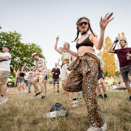 Tanzendes Publikum bei einem Konzert von Musik am Fluss