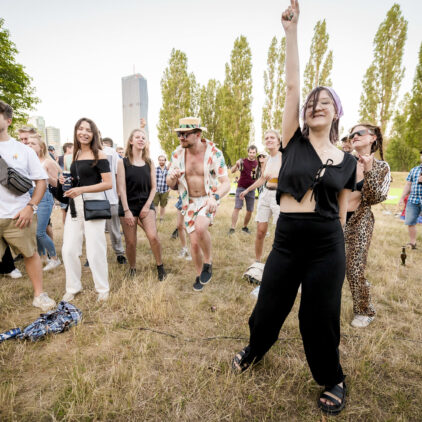 Tanzendes Publikum bei Musik am Fluss