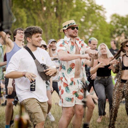Tanzendes Publikum bei einem Konzert bei Musik am Fluss