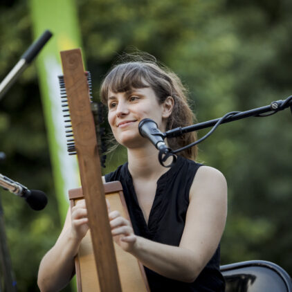 Foto einer Musikerin die Harfe spielt