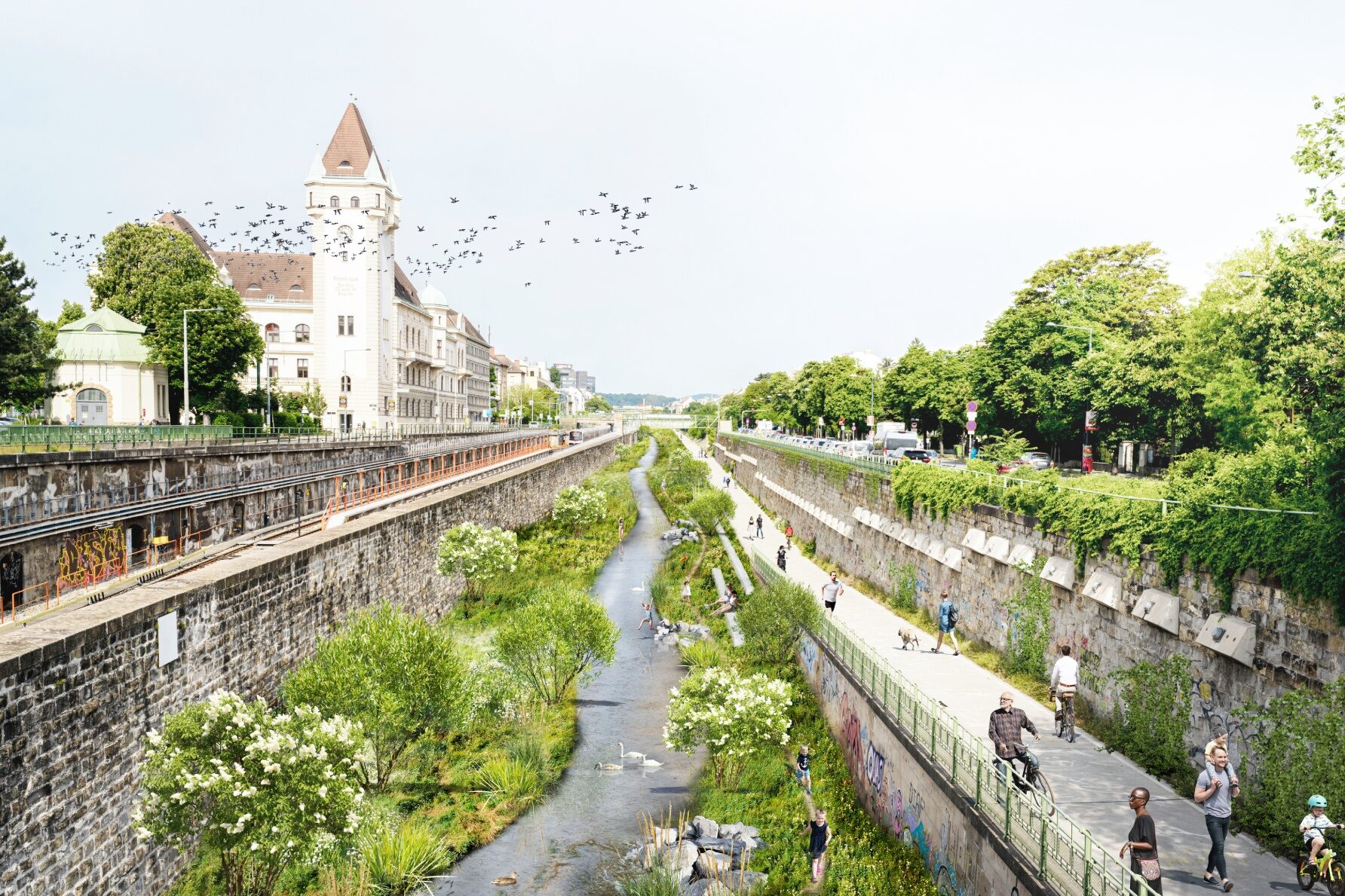 Visualisierung renaturierter Wienfluss von Kennedybrücke Richtung Westen