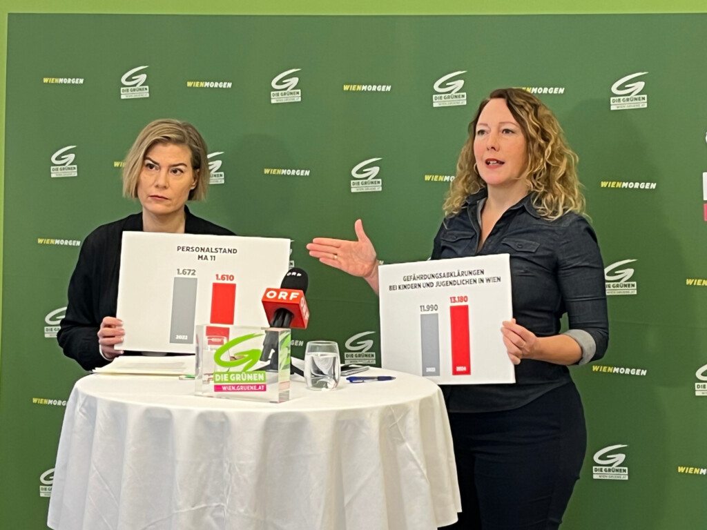 Parteivorsitzende Judith P&uuml;hringer (r.) und Familiensprecherin Ursula Berner (l.) w&auml;hrend der Pressekonferenz der Gr&uuml;nen Wien zur Krise der Kinder- und Jugendhilfe (MA11).